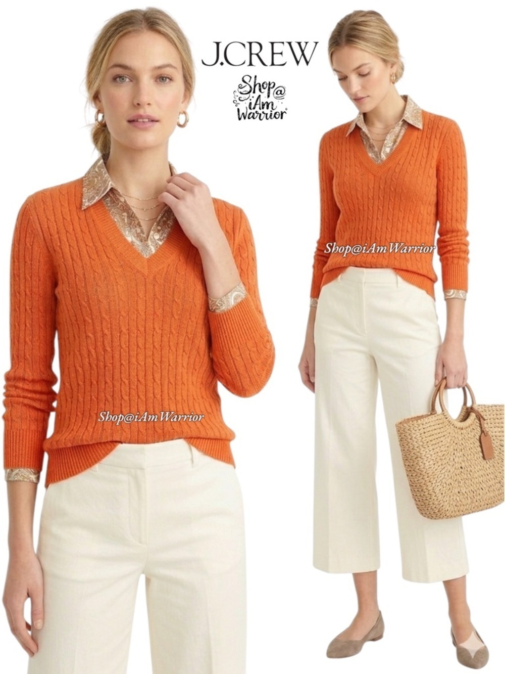 J.Crew orange linen cable knit v-neck sweater *shop@iamwarrior